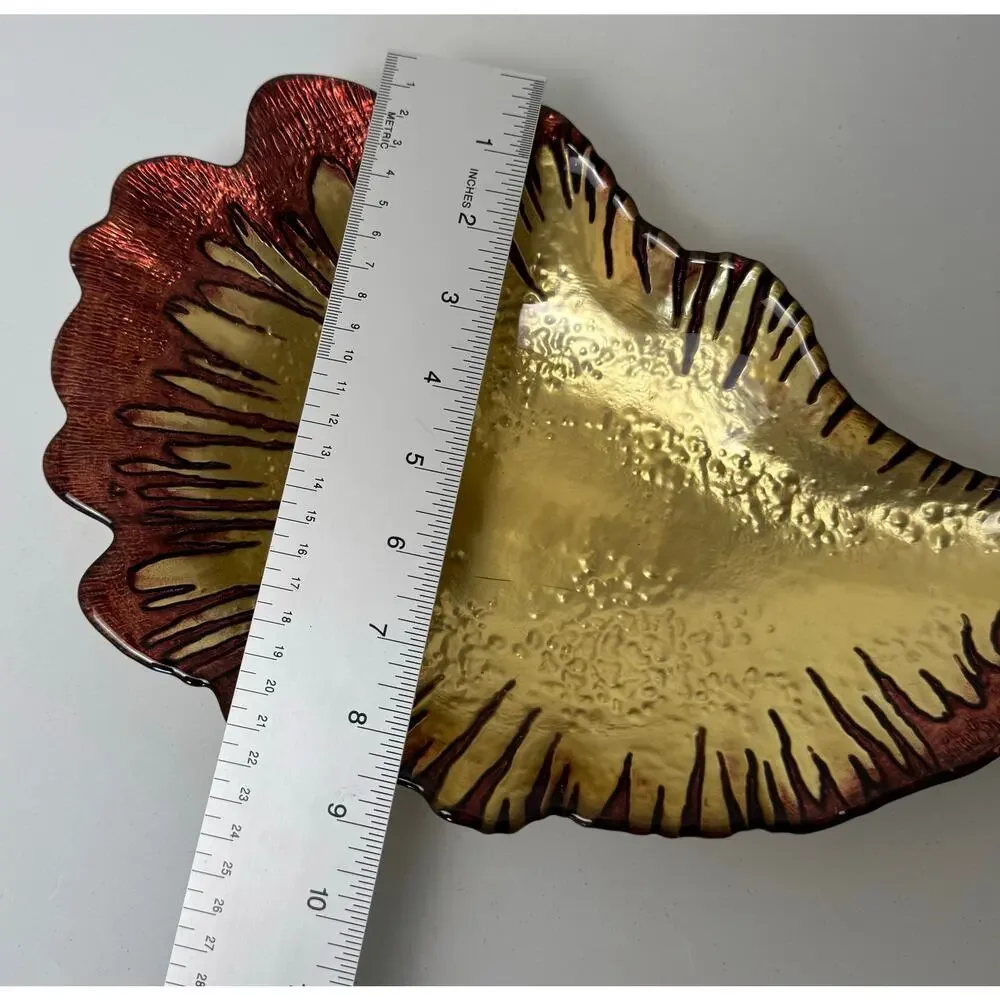 Rusty Gold Red Glass Bowl LARGE Handmade Gold Copper Backpainted 13.5x9” Oyster